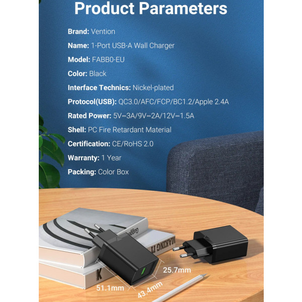 Фото - Мережевий зарядний пристрій Vention 1xUSB 18W (USB-A) QC3.0 
Black (FABB0-EU)