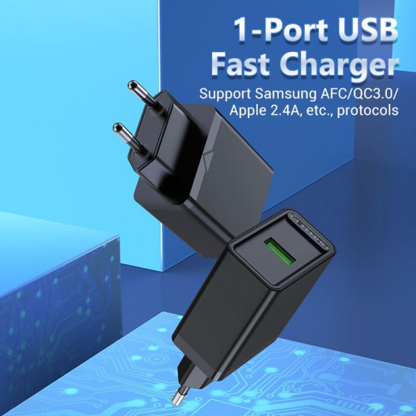 Фото - Мережевий зарядний пристрій Vention 1xUSB 18W (USB-A) QC3.0 
Black (FABB0-EU)