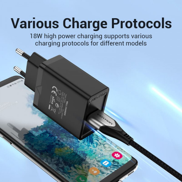 Фото - Мережевий зарядний пристрій Vention 1xUSB 18W (USB-A) QC3.0 
Black (FABB0-EU)
