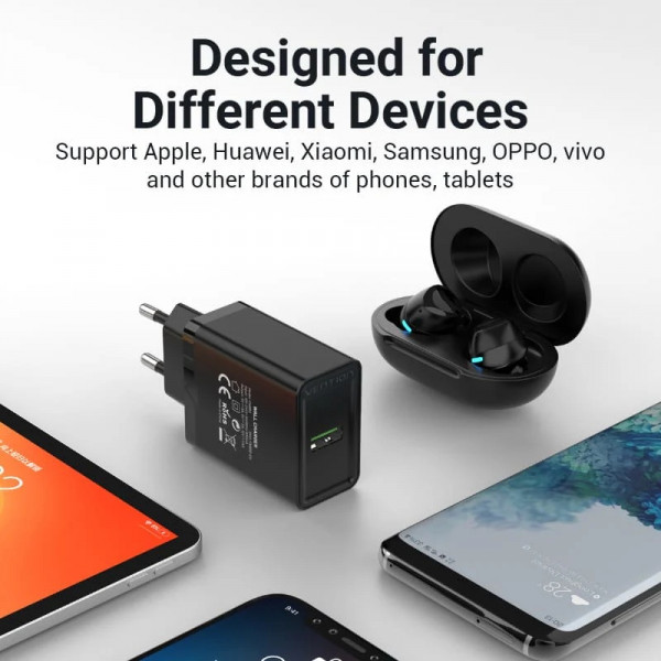 Фото - Мережевий зарядний пристрій Vention 1xUSB 18W (USB-A) QC3.0 
Black (FABB0-EU)