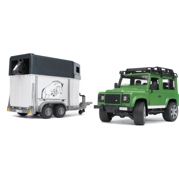 Фото - Автотранспорт BRUDER Автомобиль Land Rover Defender с трейлером для перевозки коней и лошадь (02592)