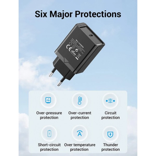 Фото - Сетевое зарядное устройство Vention USB Type C + QC4.0 20W Black (FADB0-EU)