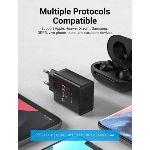 Фото - Сетевое зарядное устройство Vention USB Type C + QC4.0 20W Black (FADB0-EU)