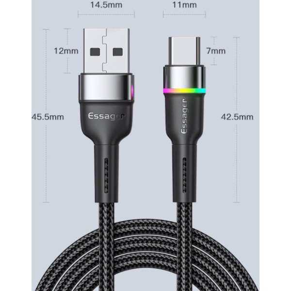 Фото - Кабель Essager Colorful LED USB Cable Fast Charging 3A USB-A to Type C 1m Black (EXCT-XCD01)