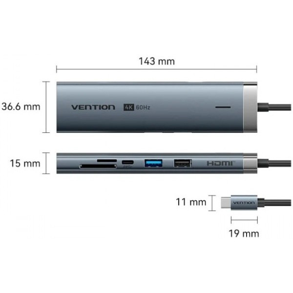 Фото - Хаб USB Vention USB3.2 Type-C HDMI/USB3.0/USB2.0/RJ45/SD/TF/PD 100W (TGUHB)