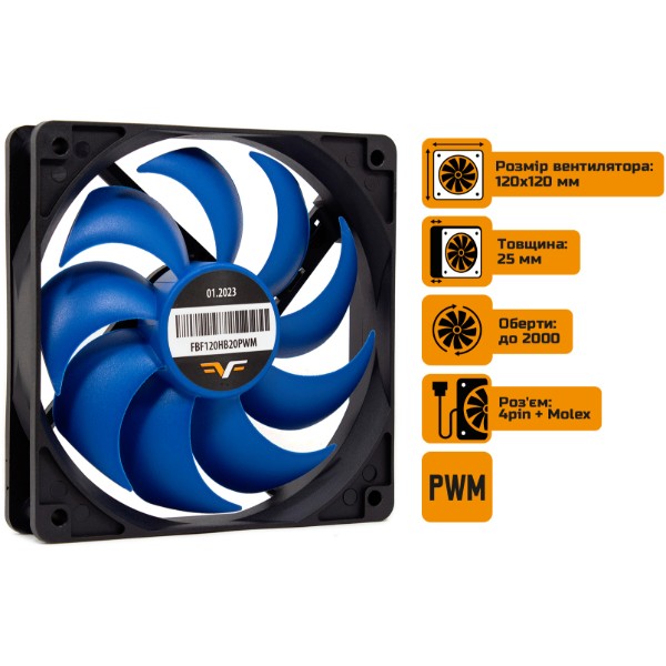Фото - Корпусный вентилятор Frime 120x120x25мм 4Pin+Molex 2000rpm FD Bearing Black/Blue (FBF120HB20PWM)
