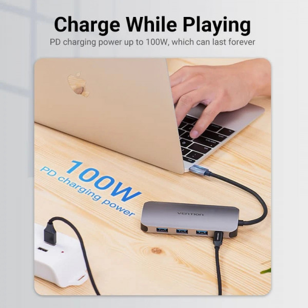 Фото - Хаб USB Vention USB 3.1 Type-С HDM/USB 3.0х3//PD 100W (THFHB)