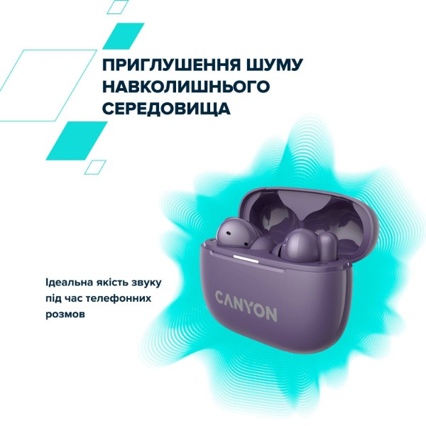 Фото - Навушники вкладиші бездротові TWS Canyon OnGo TWS-10 ANC ENC Purple (CNS-TWS10PL)