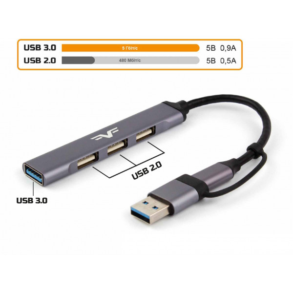 Фото - Хаб USB Frime 1xUSB3.0, 3xUSB2.0 Silver (FH-20152)