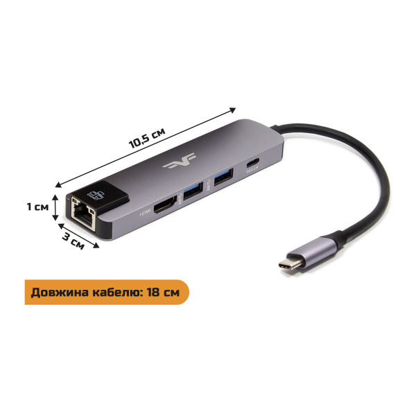 Фото - Хаб USB Frime 2*USB3.0, PD, HDMI, RJ45 Space Grey (FH-5in1.311HL)
