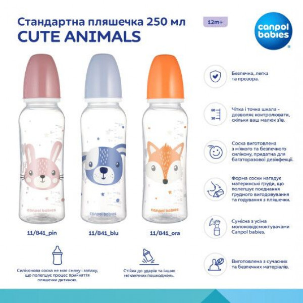 Фото - Пляшка для годування Canpol babies 250 мл CUTE ANIMALS - рожева (11/841_pin)