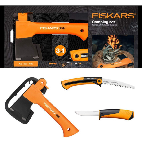 Фото - Набор садовых инструментов Fiskars топор XXS X5 +нож +пила (1057912)