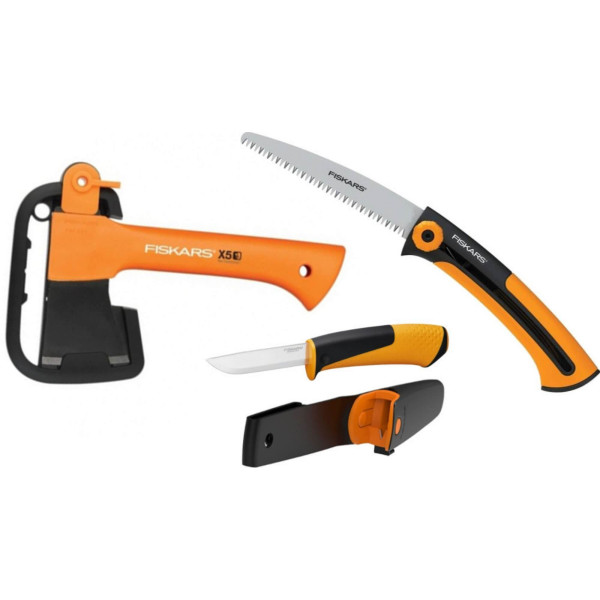 Фото - Набор садовых инструментов Fiskars топор XXS X5 +нож +пила (1057912)