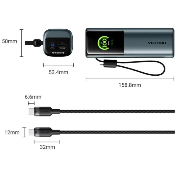 Фото - Батарея мобільна Vention 20000mAh 165W Built-in USB-C Gray (FKFH0)