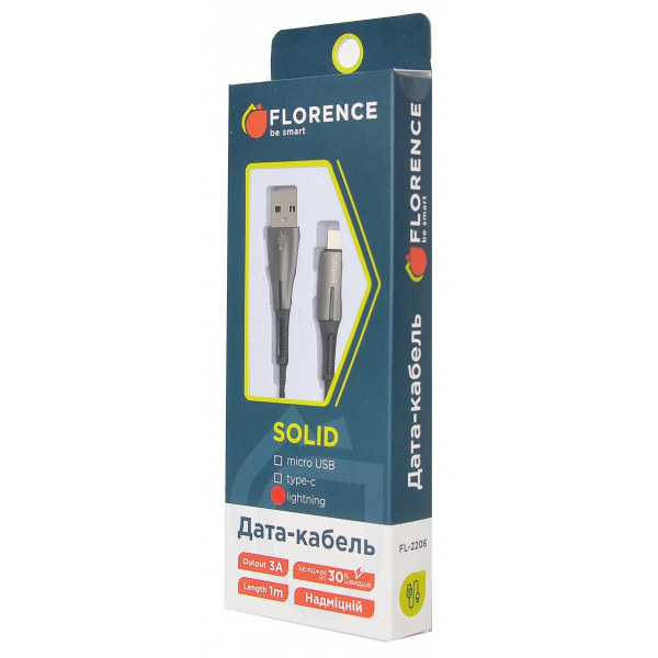 Фото - Кабель синхронизации данных Florence Solid LED Lightning 1m 3A Black (FL-2206-KL)