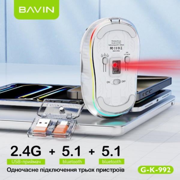 Фото - Миша бездротова Bavin G-K-992 RGB Wireless White