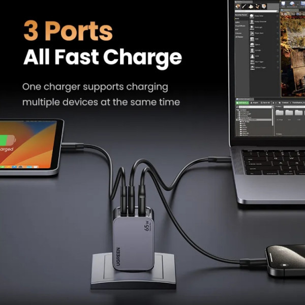 Фото - Сетевое зарядное устройство UGREEN 3xUSB 65W (2хUSB-C+USB-A) Gan Nexode Pro X755 Gray (25871)