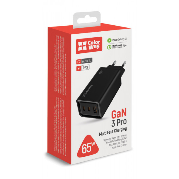 Фото - Сетевое зарядное устройство Colorway GaN3 Pro Power Delivery 2USB Type-C PDx3A;1USBx3A Black (CW-CHS039PD-BK)