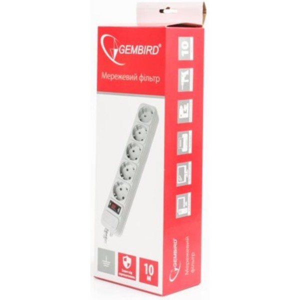 Фото - Сетевой фильтр Gembird SPG5-G-10MG (5 роз., 10 м., серый)