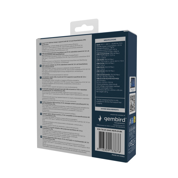 Фото - Мережевий зарядний пристрій Gembird 2xUSB-A (QC3.0 18W)+4xType-C (PD 25W) Black (TA-UC-2A4C-PD75-01-BK)