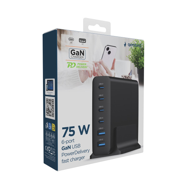 Фото - Мережевий зарядний пристрій Gembird 2xUSB-A (QC3.0 18W)+4xType-C (PD 25W) Black (TA-UC-2A4C-PD75-01-BK)