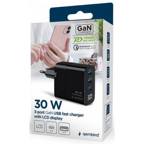 Фото - Мережевий зарядний пристрій Gembird 2хUSB-A (QC3.0 18W) + 1хType-C PD20W (TA-UC-PDQC30LCD-BK-02)