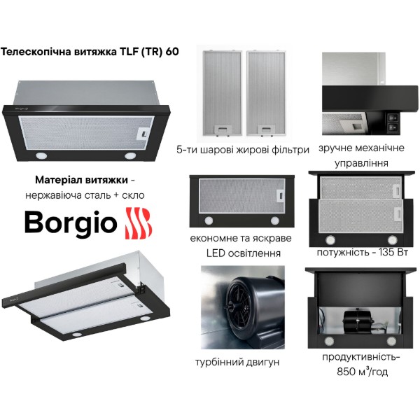 Фото - Витяжка вбудована Borgio TLF (TR) 60 Black Glass