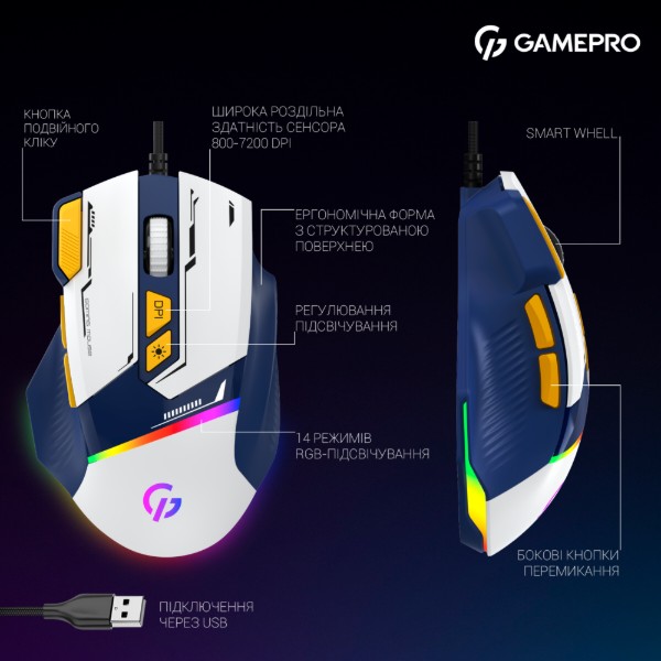 Фото - Миша дротова ігрова GamePro GM300BL Blue-White