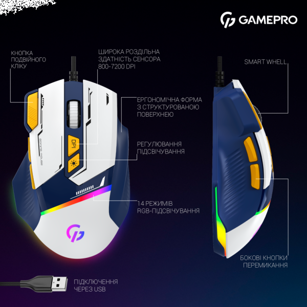 Фото - Миша дротова ігрова GamePro GM300BL Blue-White