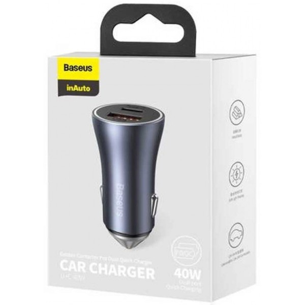 Фото - Автомобільний зарядний пристрій Baseus Golden Contactor Pro Dual Quick Charger Car Charger U+C 40W Dark Gray (CCJD-0G)