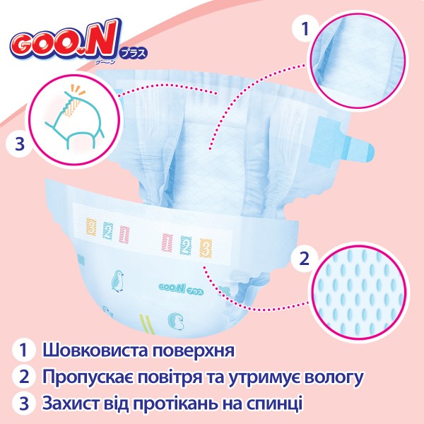 Фото - Одноразові підгузки Goo.N Plus до 5 кг розмір NB, на липучках, унісекс, 68 шт. (21001495)