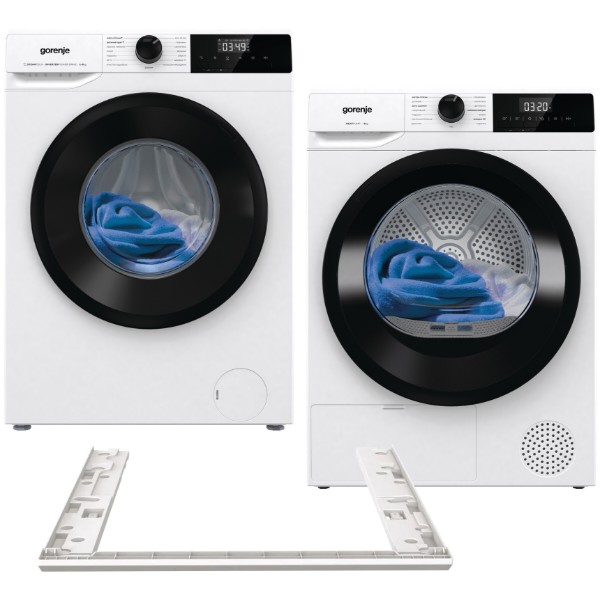 Фото - Комплект техніки Gorenje Пральна машина з фронтальним завантаженням + Сушильна машина + Комплект кріплень для встановлення в колону Gorenje W1NHPI84AS/UA + DHNE82/UA + SKHNE80W