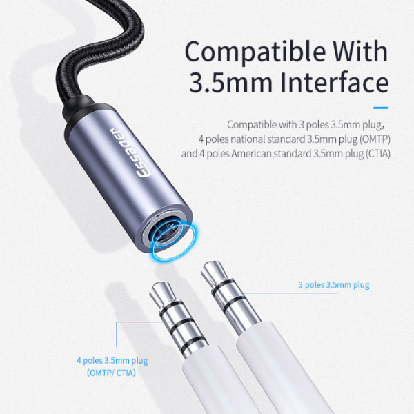 Фото - Переходник аудио Essager E01 Type c to 3.5mm Jack Headphone Adapter Grey (EZJE01-0G)