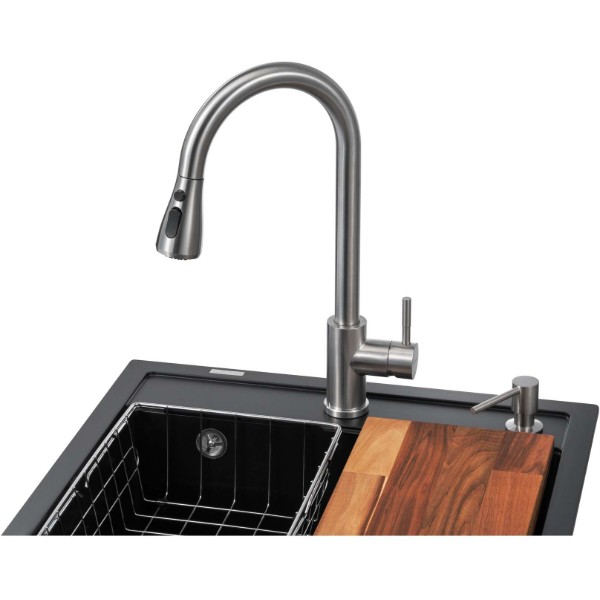 Фото - Мойка кухонная+смеситель GRANADO Basic Lerida black shine (+ Campo LUX inox + дозатор Redondo inox + корзина + доска)