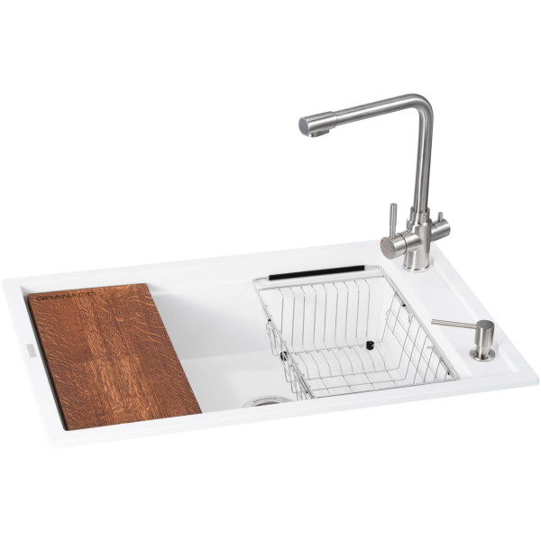 Фото - Мийка кухонна+змішувач GRANADO Optimal Estella white (+Badalona LUX inox + дозатор Redondo inox + кошик + дошка)