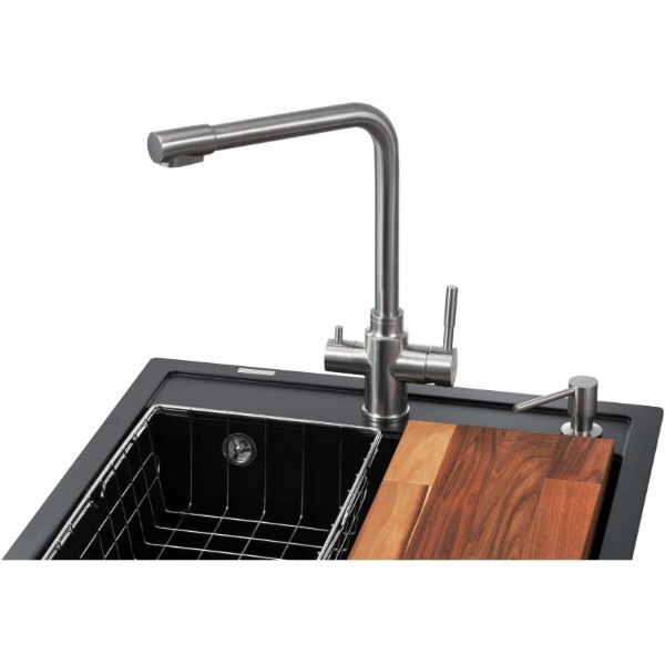 Фото - Мийка кухонна+змішувач GRANADO Optimal Lerida black shine (+ Badalona LUX inox + дозатор Redondo inox + кошик + дошка)