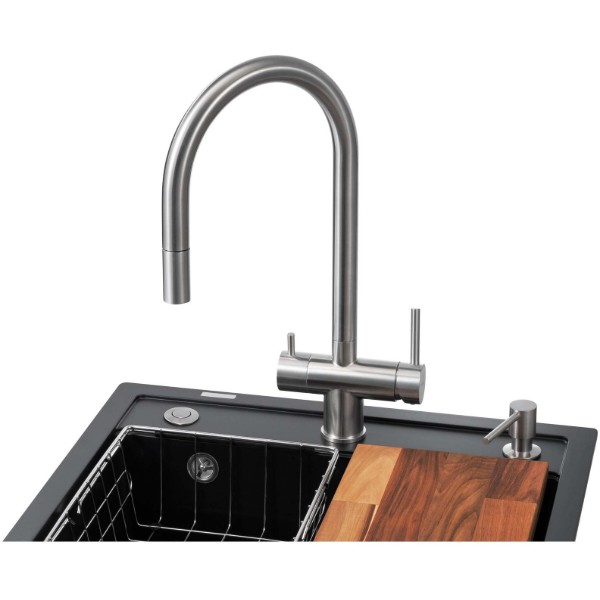 Фото - Мийка кухонна+змішувач GRANADO Royal Lerida black shine (+ подрібнювач Algar + Ferrol inox + дозатор Redondo inox + кошик + дошка)