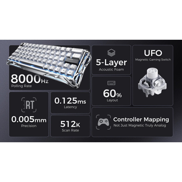 Фото - Клавіатура дротова ігрова GravaStar Mercury V60 Pro 60keys, GravaStar Blackcore, USB-A, 8k, RGB, Chrome Silver (GSV60PRO_XTAL_SLV)