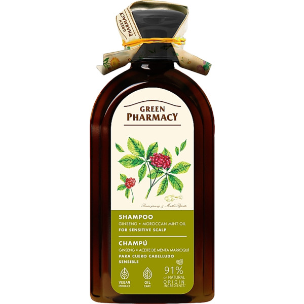 Фото - Шампунь жіночий Green Pharmacy Женьшень/марокканська м'ята для чутливої шкіри голови 350 мл (4823015945823)