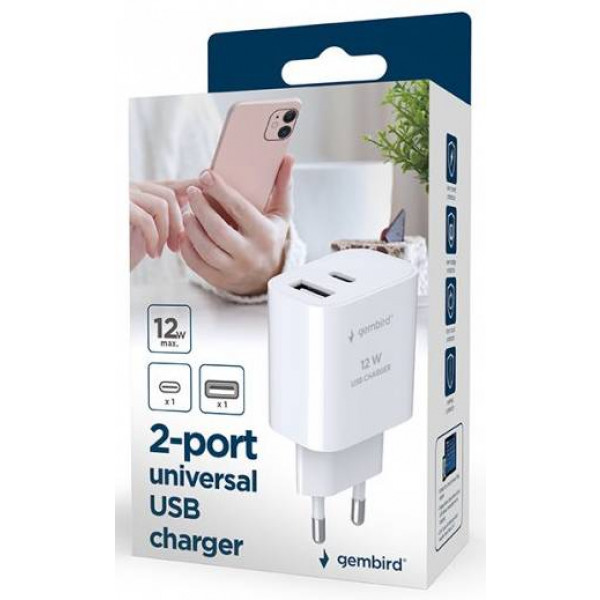Фото - Мережевий зарядний пристрій Gembird 1xUSB-A+1xUSB-C 5V/2.4A 12W (TA-UC-2AC12-01)