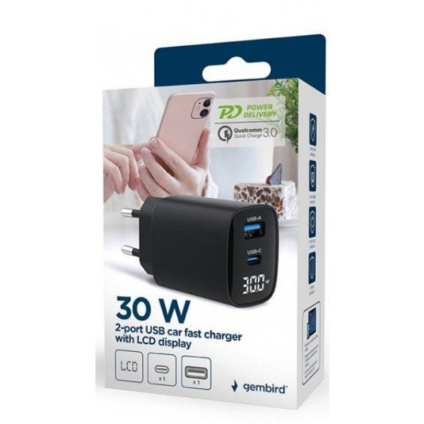 Фото - Мережевий зарядний пристрій Gembird USB-A (QC3.0 18W) +1 Type-C PD20W (TA-UC-PDQC30LCD-BK-01)