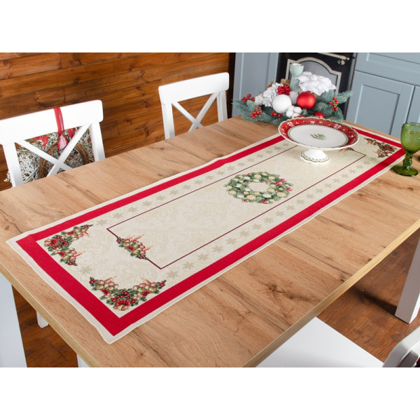 Фото - Скатертина раннер Lefard гобеленовий новорічний з люрексом Corona natale 47x140 см (716-155)