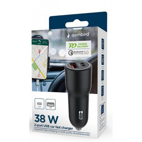 Фото - Автомобільний зарядний пристрій Gembird 1xUSB-A (18W QC3.0) + 1xUSB-C PD 20W (TA-UC-AC2PDQC38-CAR-01)