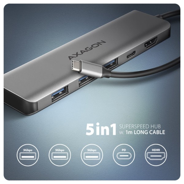 Фото - Хаб USB AXAGON USB-C 5Gbps 5in1 Grey (HMC-5H)