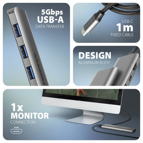 Фото - Хаб USB AXAGON USB-C 5Gbps 5in1 Grey (HMC-5H)