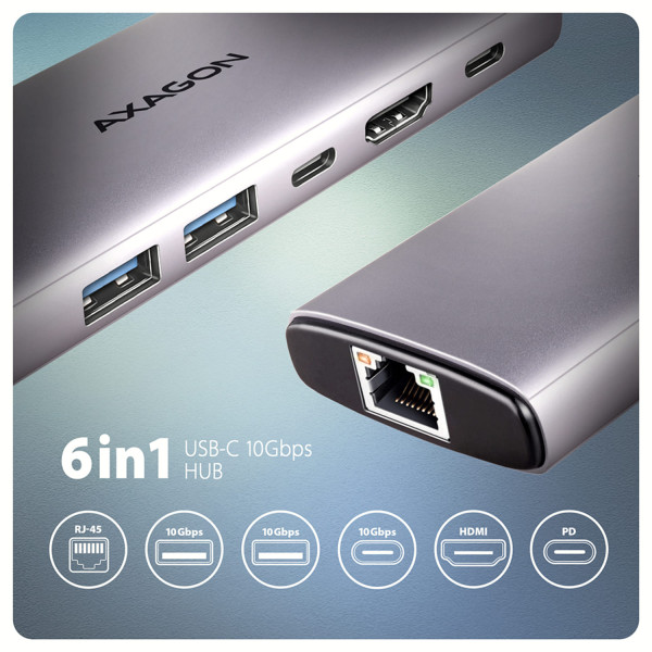 Фото - Хаб USB AXAGON USB-C 10Gbps 6in1 Grey (HMC-6G2L)