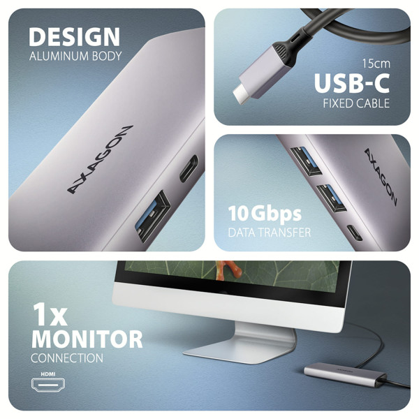 Фото - Хаб USB AXAGON USB-C 10Gbps 6in1 Grey (HMC-6G2L)