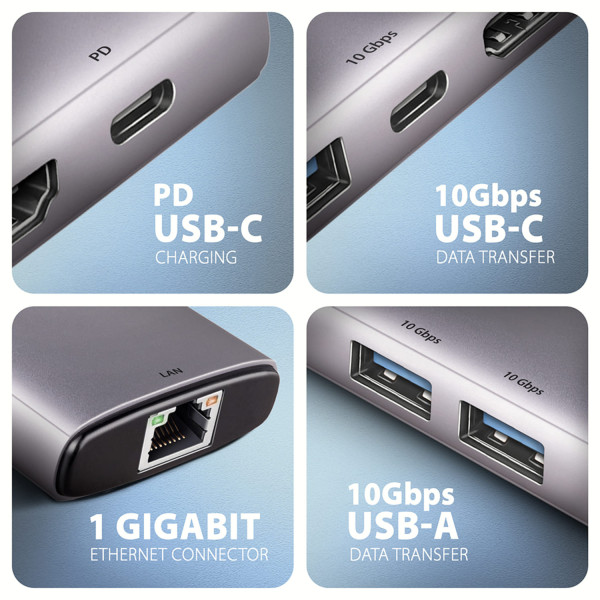 Фото - Хаб USB AXAGON USB-C 10Gbps 6in1 Grey (HMC-6G2L)