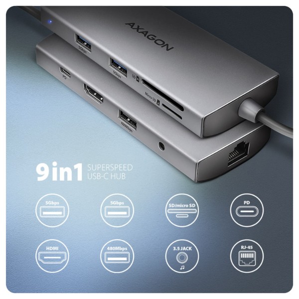Фото - Хаб USB AXAGON USB-C 5Gbps 9in1 Grey (HMC-8HLSA)