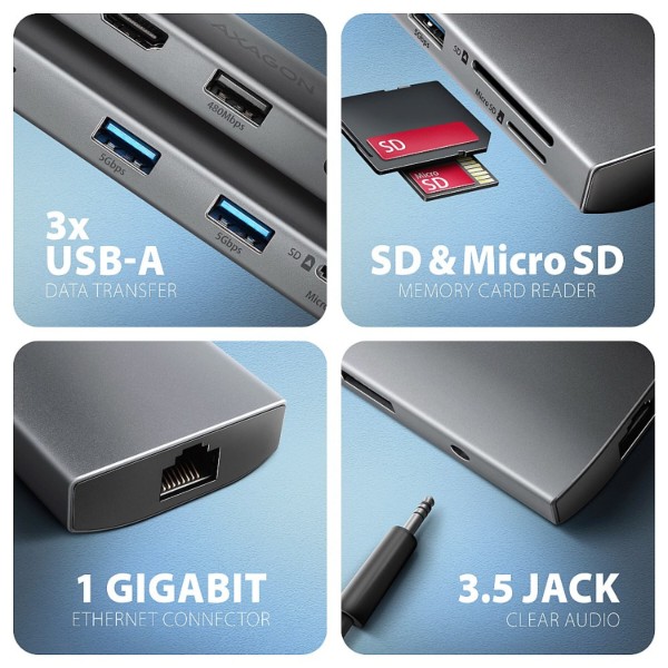 Фото - Хаб USB AXAGON USB-C 5Gbps 9in1 Grey (HMC-8HLSA)